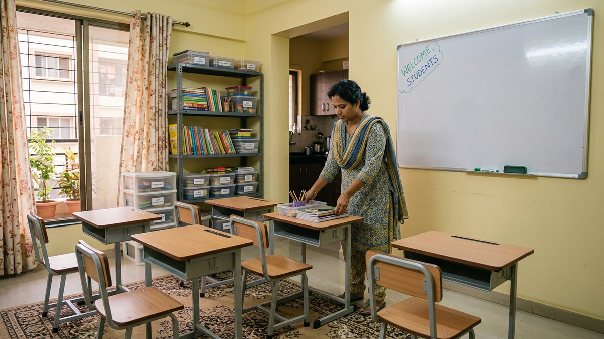coaching centre at home setup with Indian homemaker arranging classroom