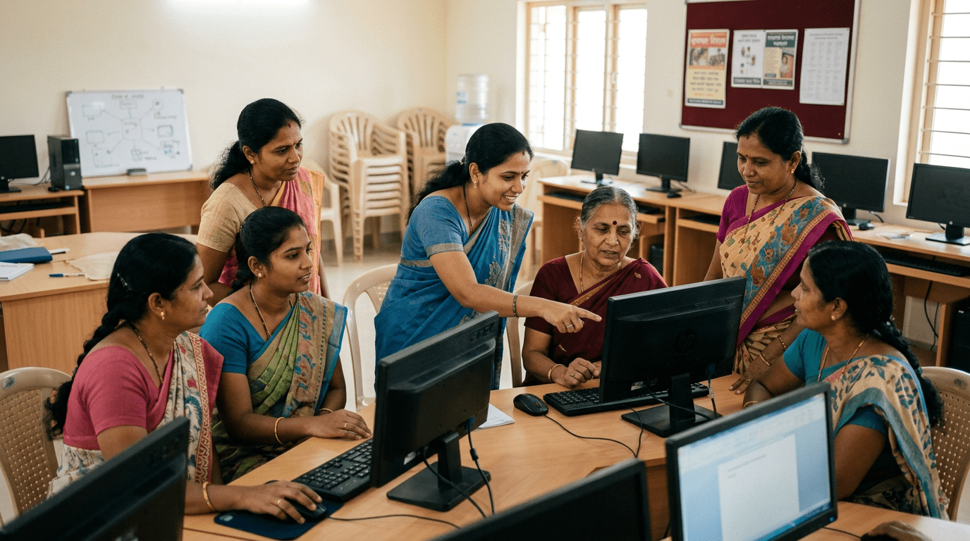 Group of Indian women learning computer skills together in a community centre