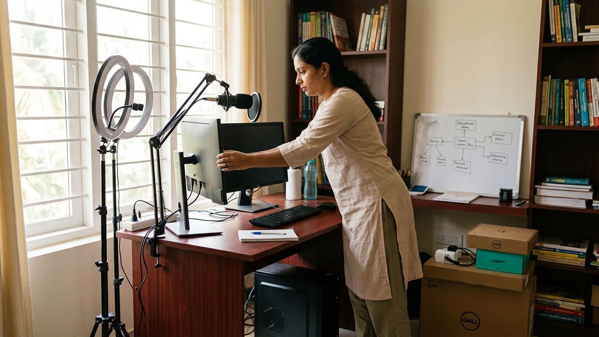 Indian woman setting up computer workstation at home for homemaker computer coaching centre