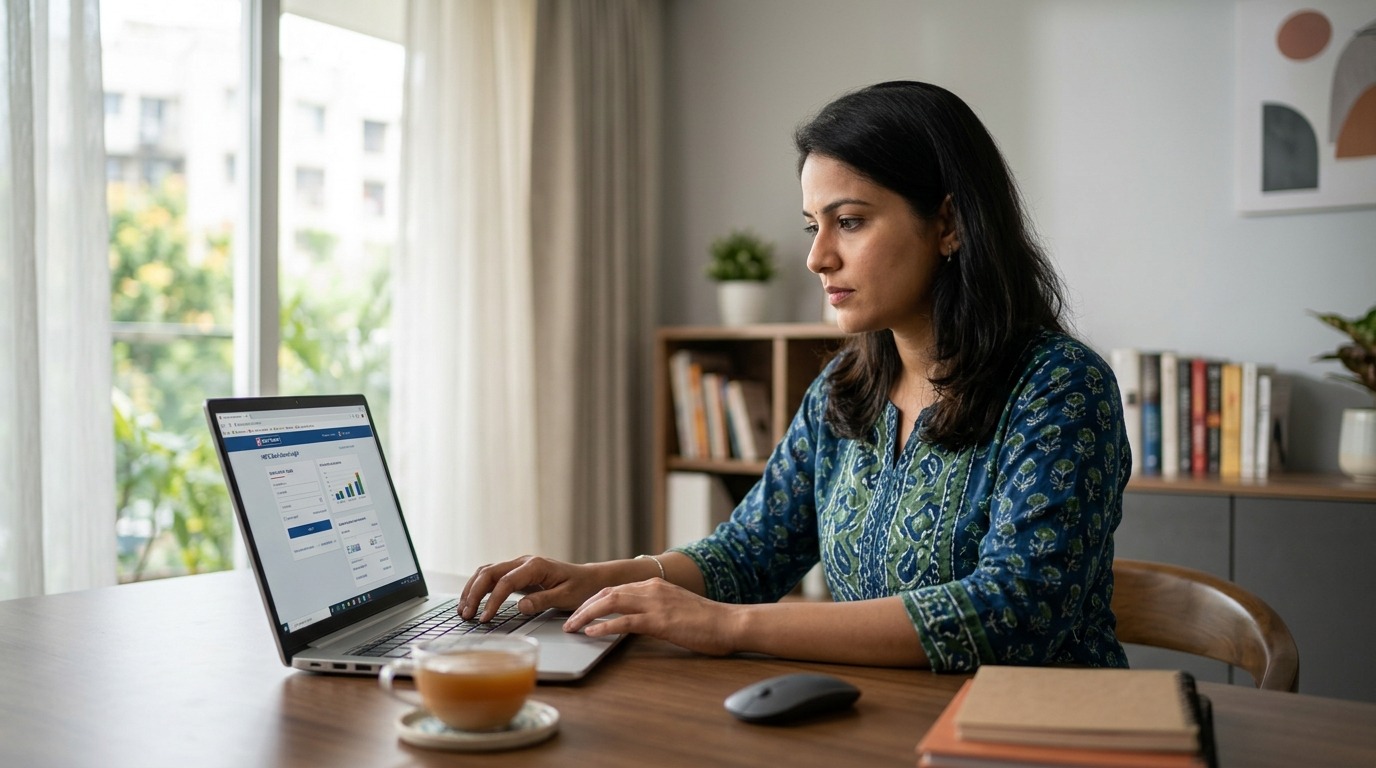 Indian woman doing online banking on computer at home