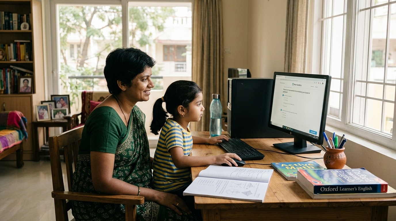 Indian parent teaching child at home using homeschooling India setup with computer