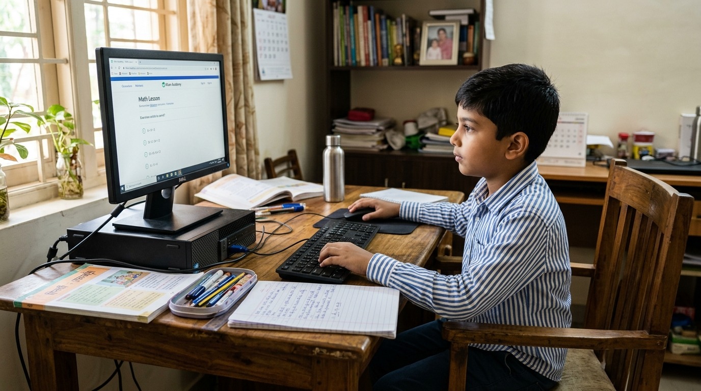 Indian child studying on computer at home desk with homeschooling India materials