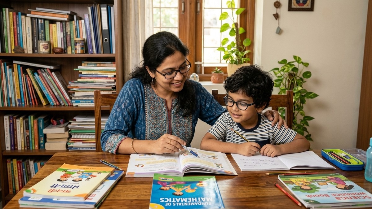 Indian parent teaching child at home during homeschooling vs traditional school comparison