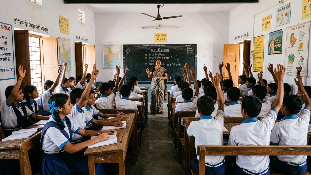 Indian students in a traditional classroom during homeschooling vs traditional school discussion