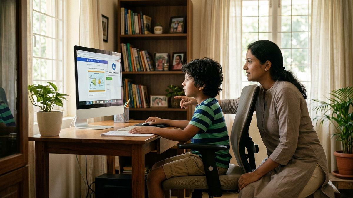 Indian child safely studying on computer during digital learning with parental controls