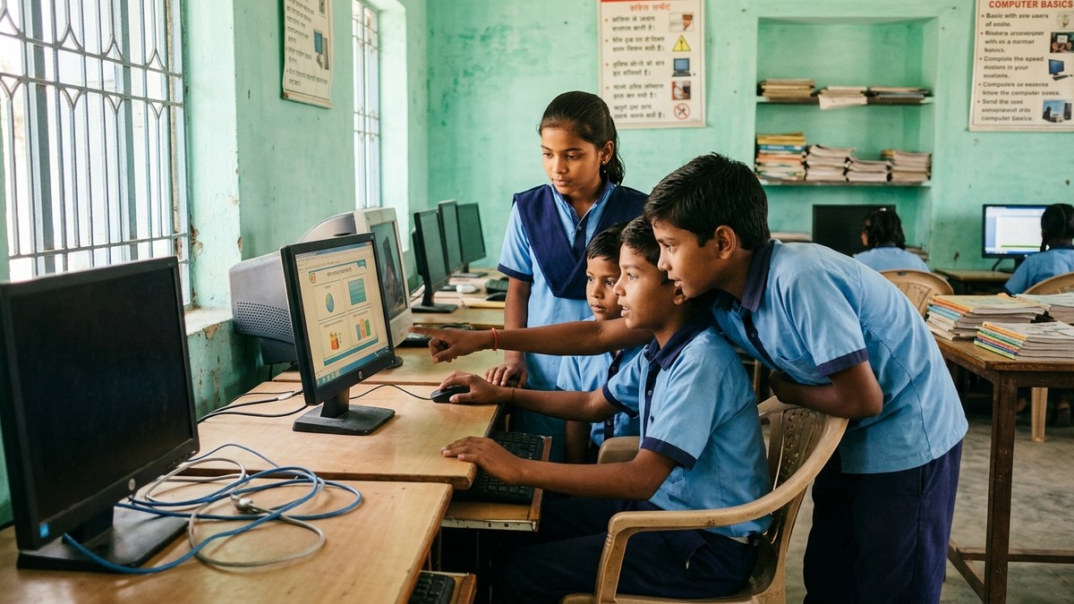 Indian children using computer together in school computer lab