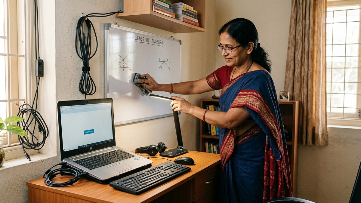 Indian educator setting up home teaching space with computer