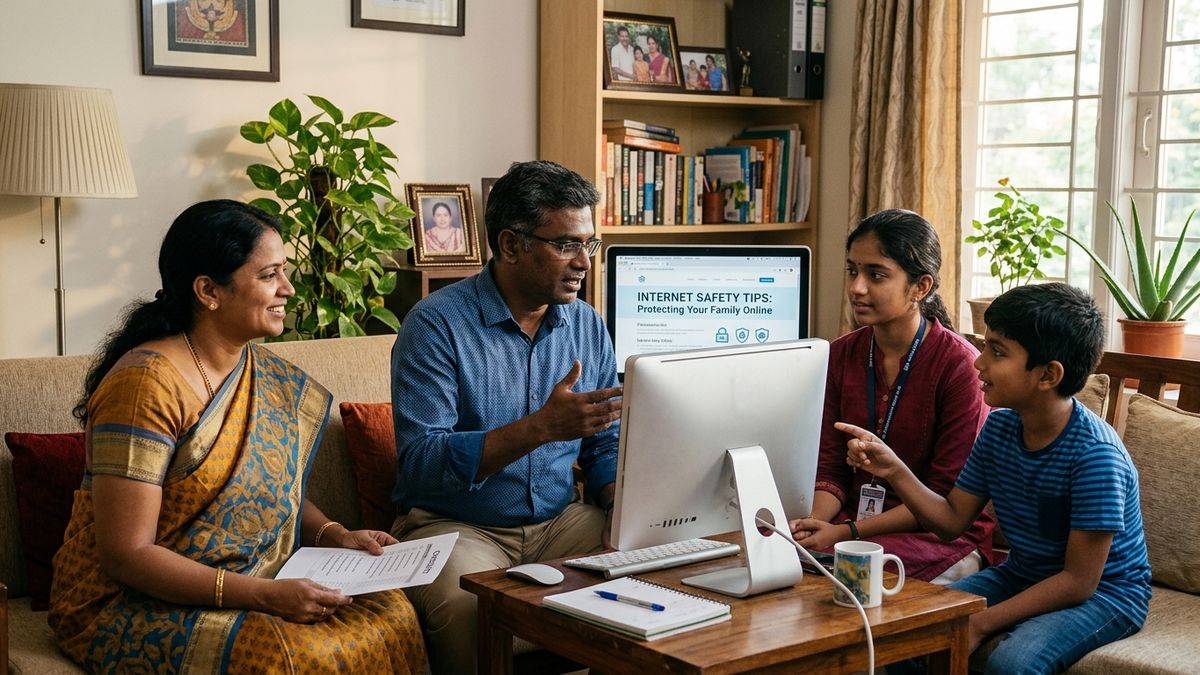 Indian family discussing child online safety digital learning together at home