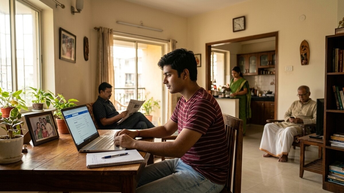 digital literacy Indian student using laptop for learning at home