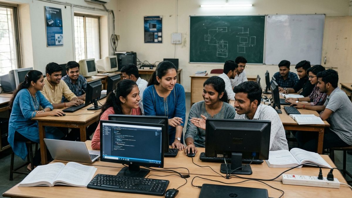 Group of Indian students learning computers together in a homemaker computer coaching centre