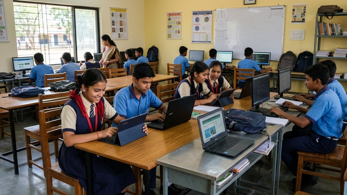 smart classrooms India students using tablets and computers in school