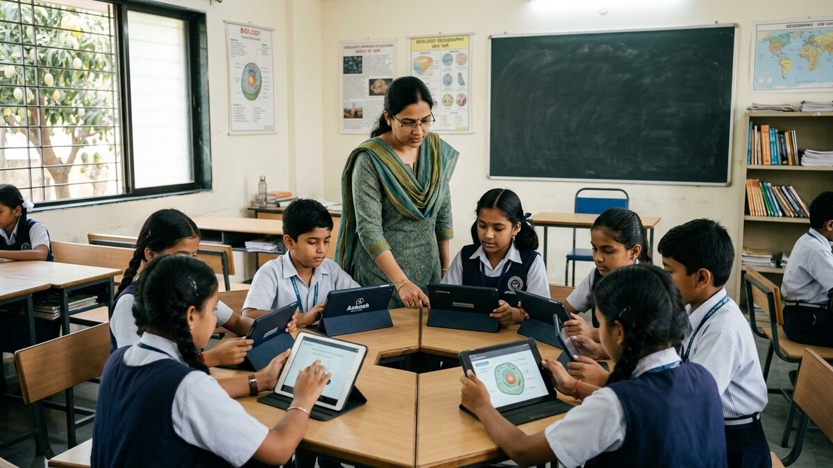 digital literacy Indian teacher guiding students with digital devices