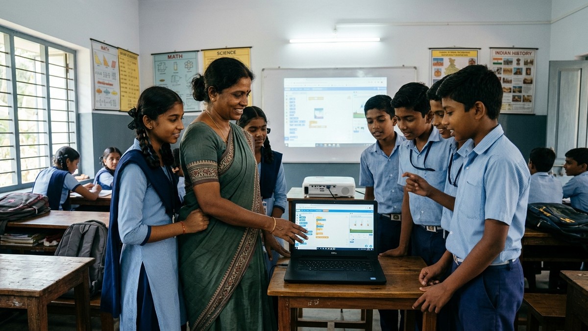 Indian teacher showing digital tools to students on laptop