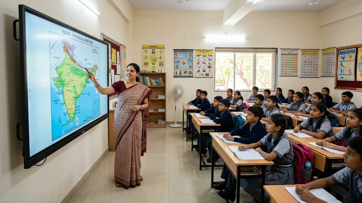 smart classrooms India teacher using digital whiteboard in classroom