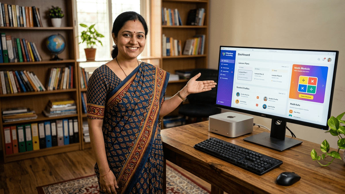 learning pod vs tuition class educator with computer setup