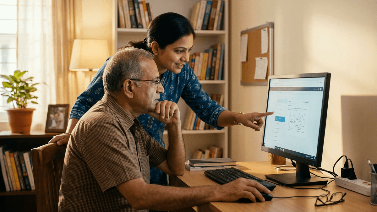 Indian educator teaching digital literacy to senior citizen