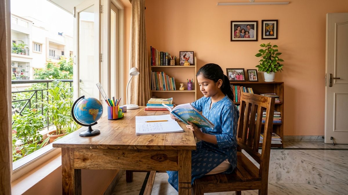 Indian child studying at a clean desk in a well-lit learning space at home