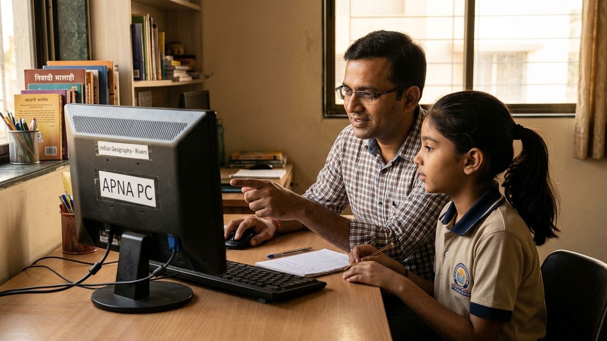 Indian parent helping child with computer study at a learning space at home desk