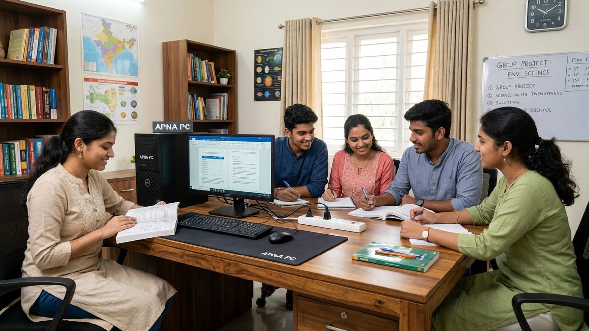 Indian students learning together in a home learning space with APNA PC computer