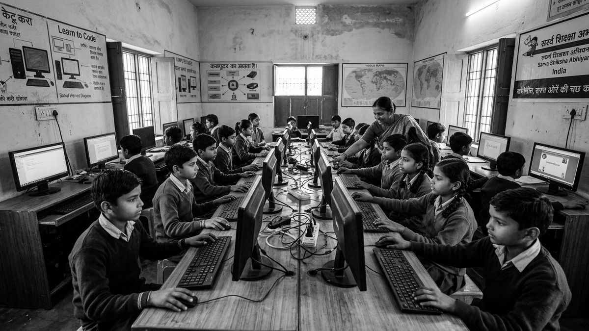 Indian children working on computers in microschools India learning centre