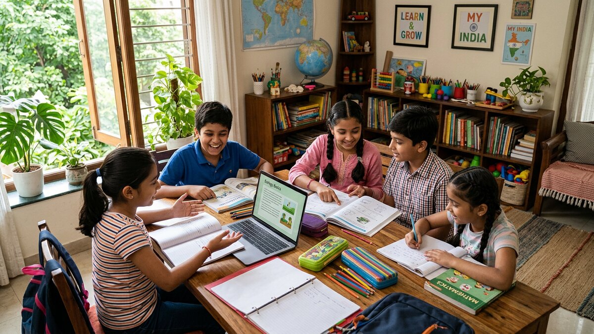 Indian children studying together at microschool at home India with laptop and notebooks