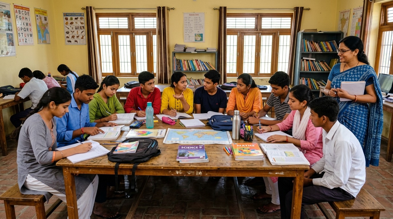 Indian small group of students learning together in microschool India community space