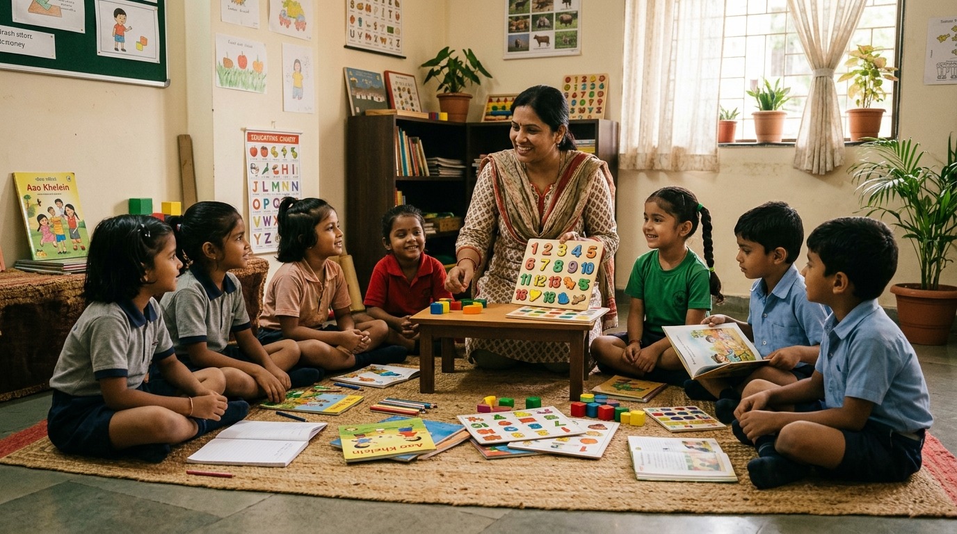Indian teacher guiding small group of children in microschool India home classroom