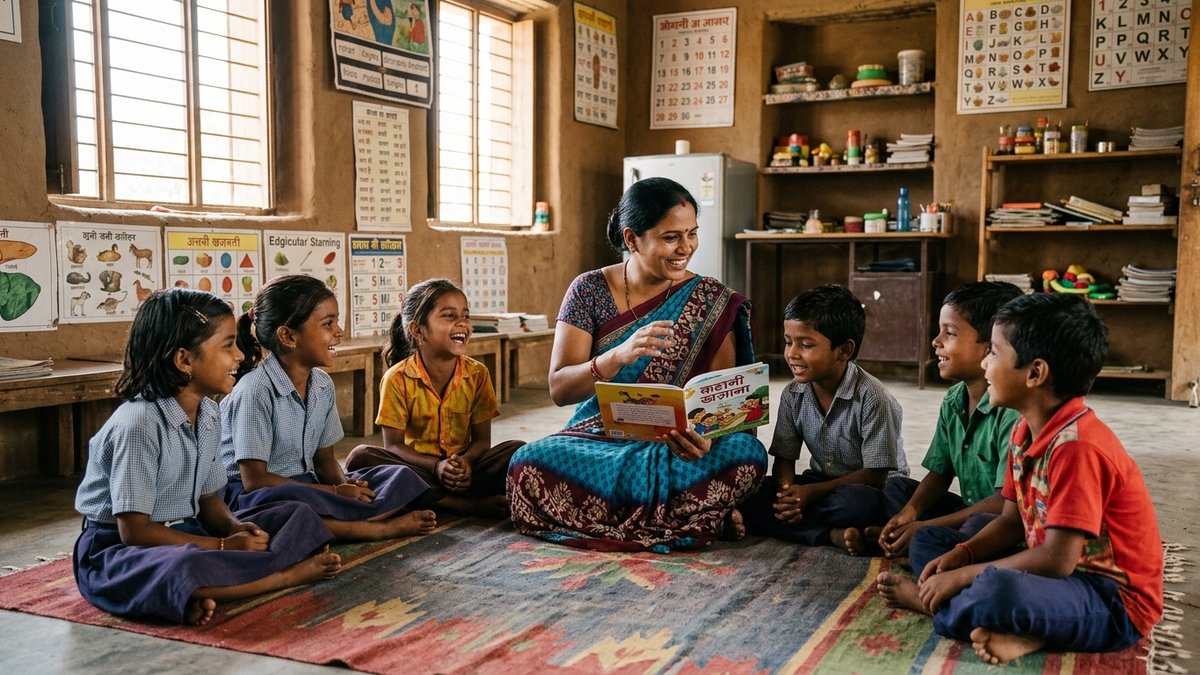 Indian educator teaching in a microschool learning centre with students using tablets and computers