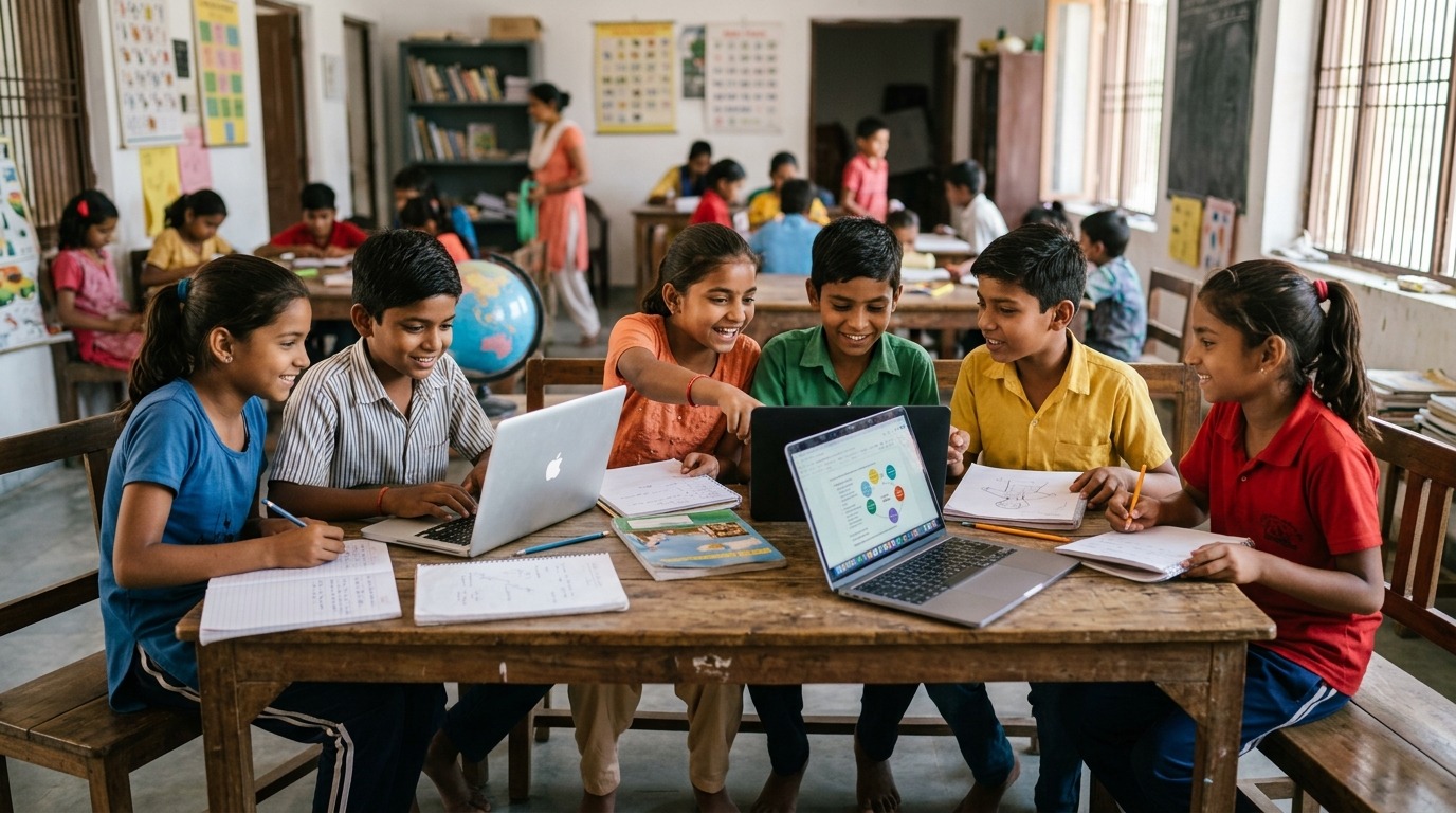 Indian children collaborating on project at table in microschool India setting