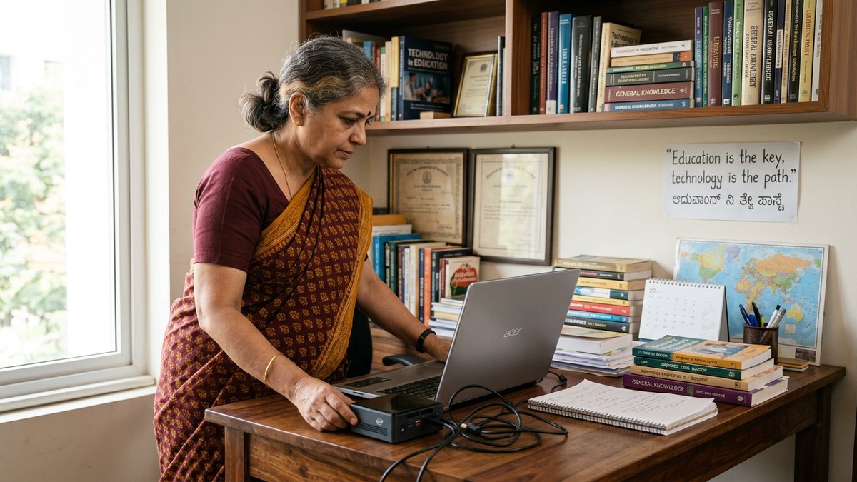 Indian homemaker setting up computer in home learning space
