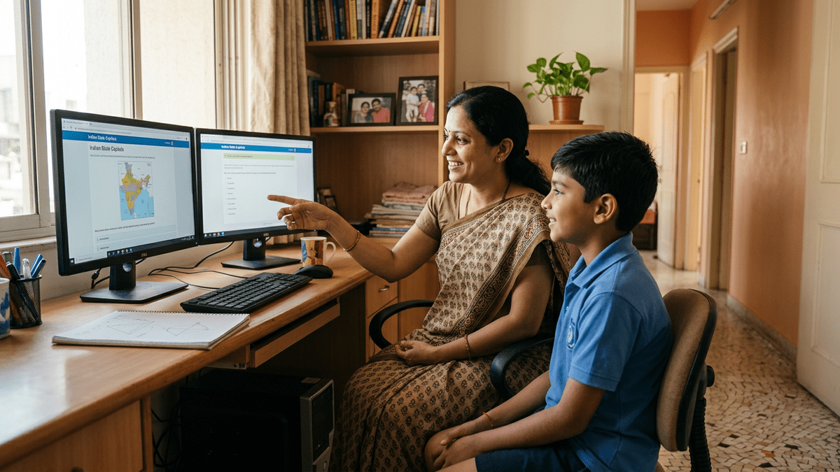 microschool India parent helping child with computer at home
