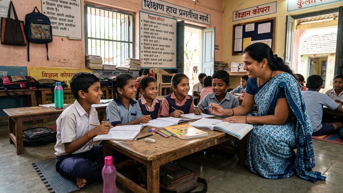 Indian teacher and students in a small group microschools India setting