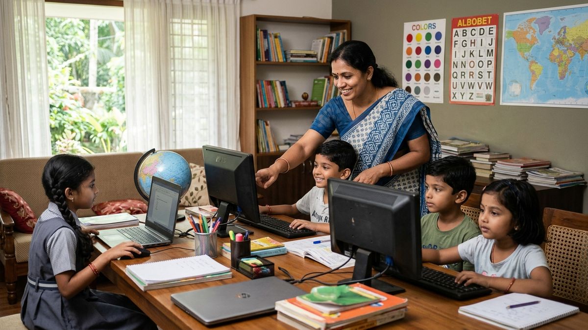 Indian homemaker teacher guiding students at computers in microschools India home school setting