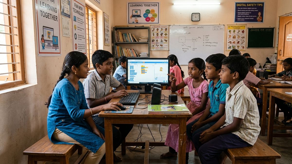 Indian children collaborating on computer project in microschools India community learning space