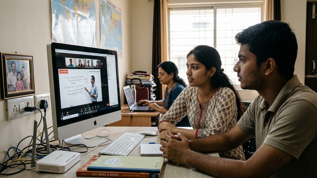 Indian students attending online class at home