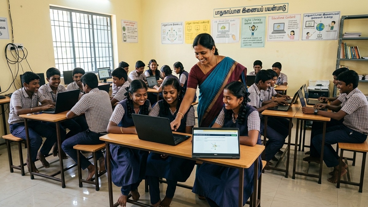 online safety for students Indian students browsing safely with teacher supervision
