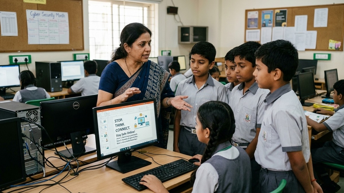 online safety for students Indian educator teaching online safety at computer