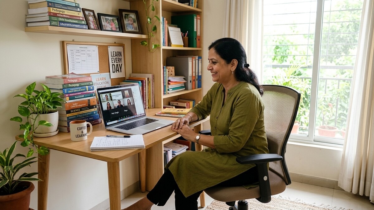 Indian woman doing online teaching from home with laptop and learning materials