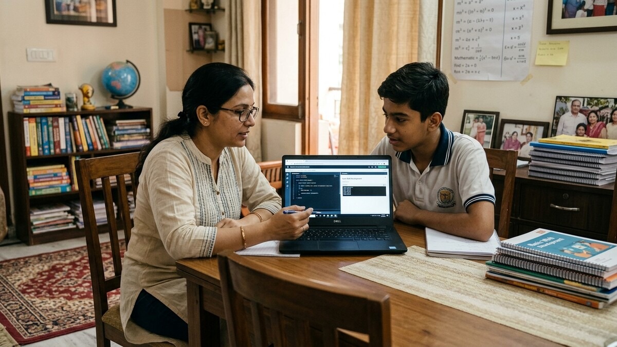 Home tuition setup for online teaching from home with woman instructor and student