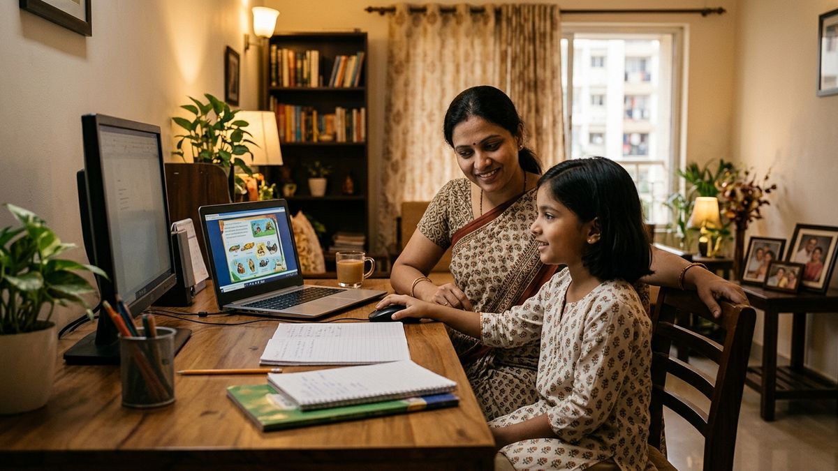 Indian parent helping child with parental support digital learning India at home computer desk