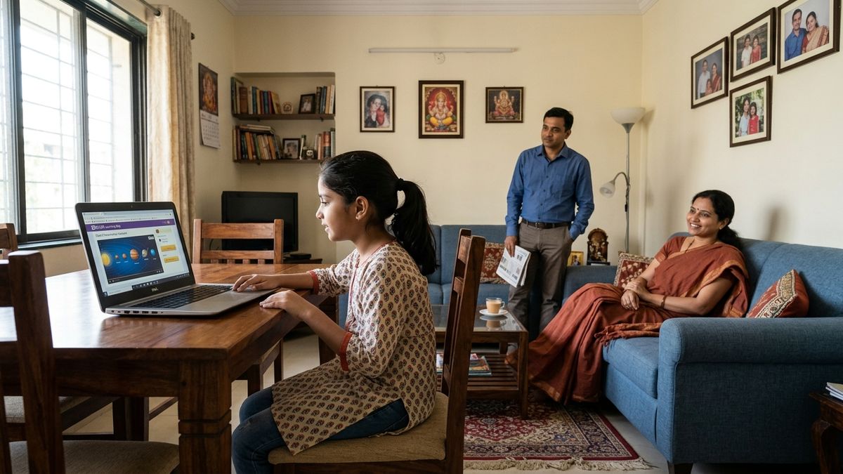 Indian family supporting parental support digital learning India with child on laptop
