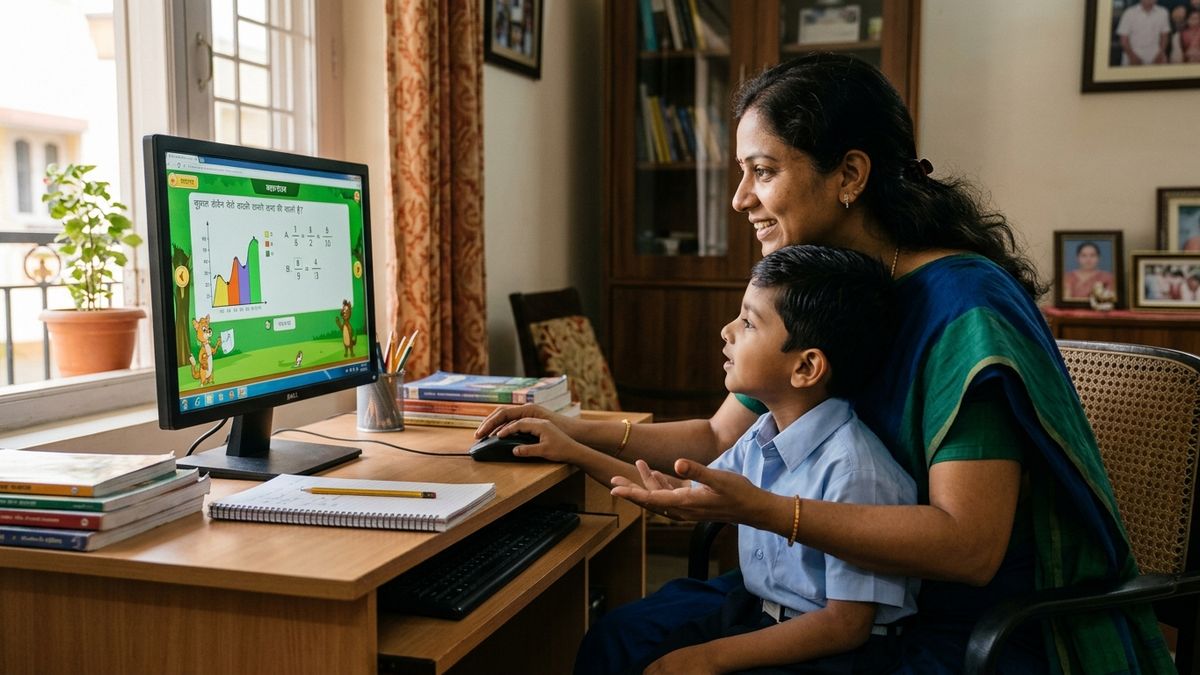 Indian mother guiding child with parental support digital learning India at computer