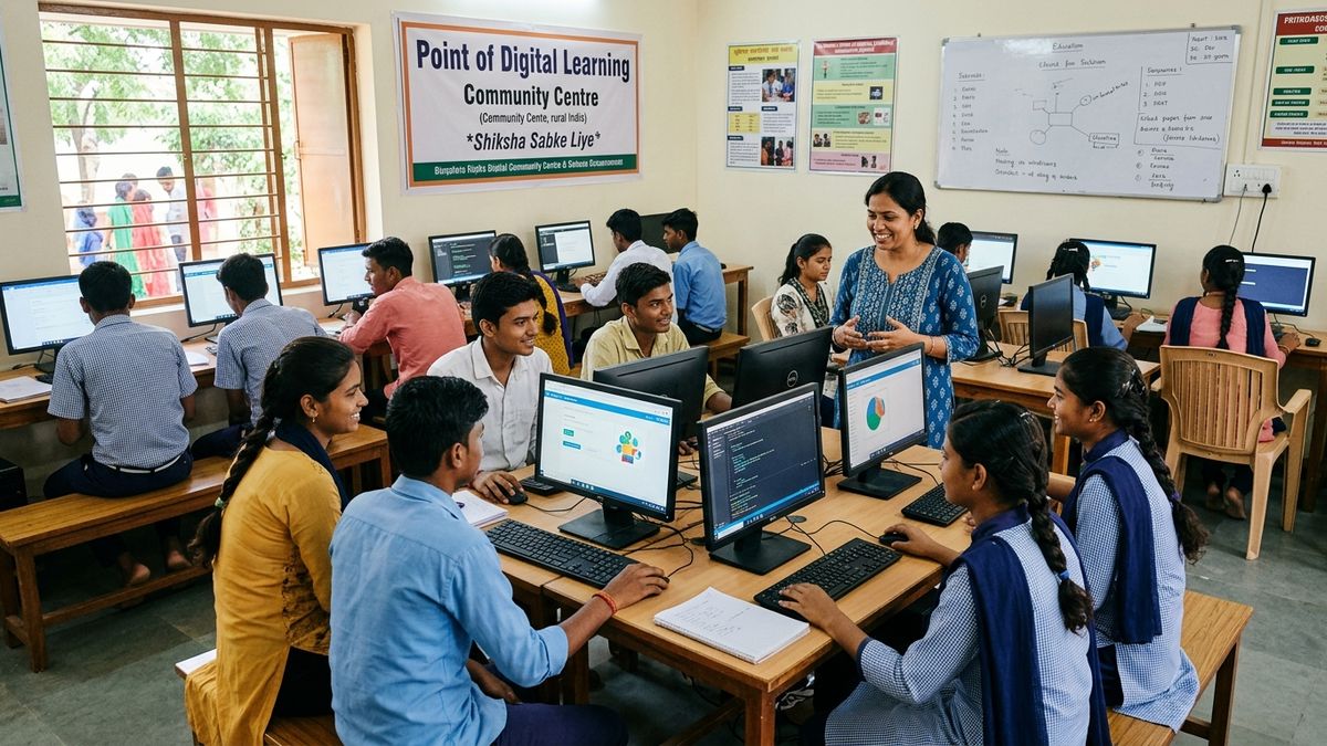 Student using budget computer setup for Indian students in community POD center
