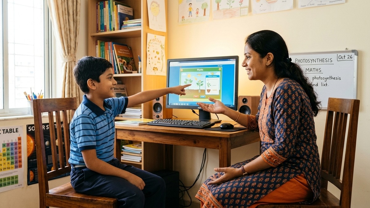 Student and teacher using study computer to prepare child for board exams