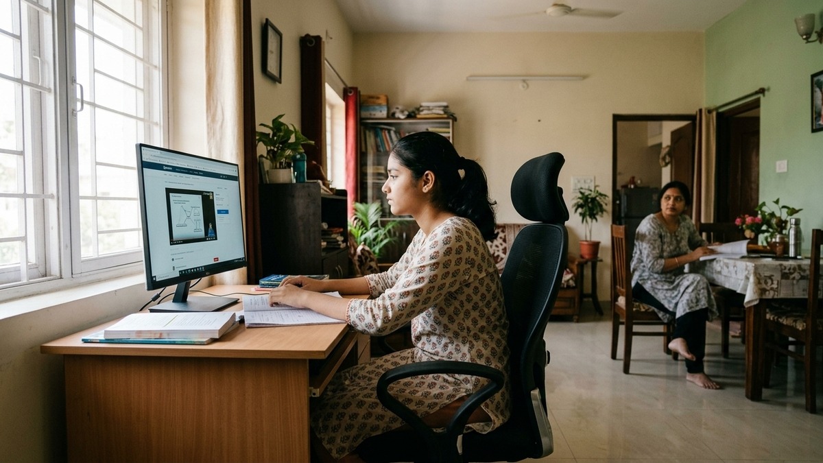Indian student studying to prepare child for board exams with computer at home