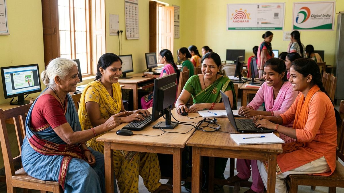 Rural Indian women learning computer skills in a community centre for computer education rural women India