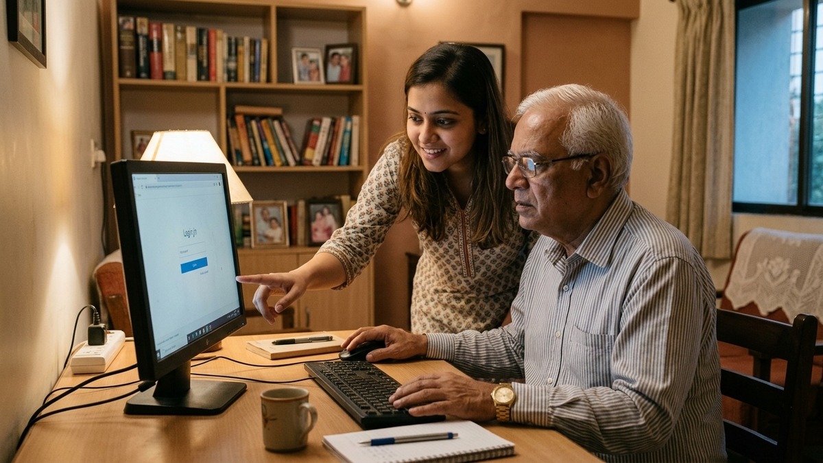 Indian senior citizen learning computer at home with family member helping for senior citizens computer learning
