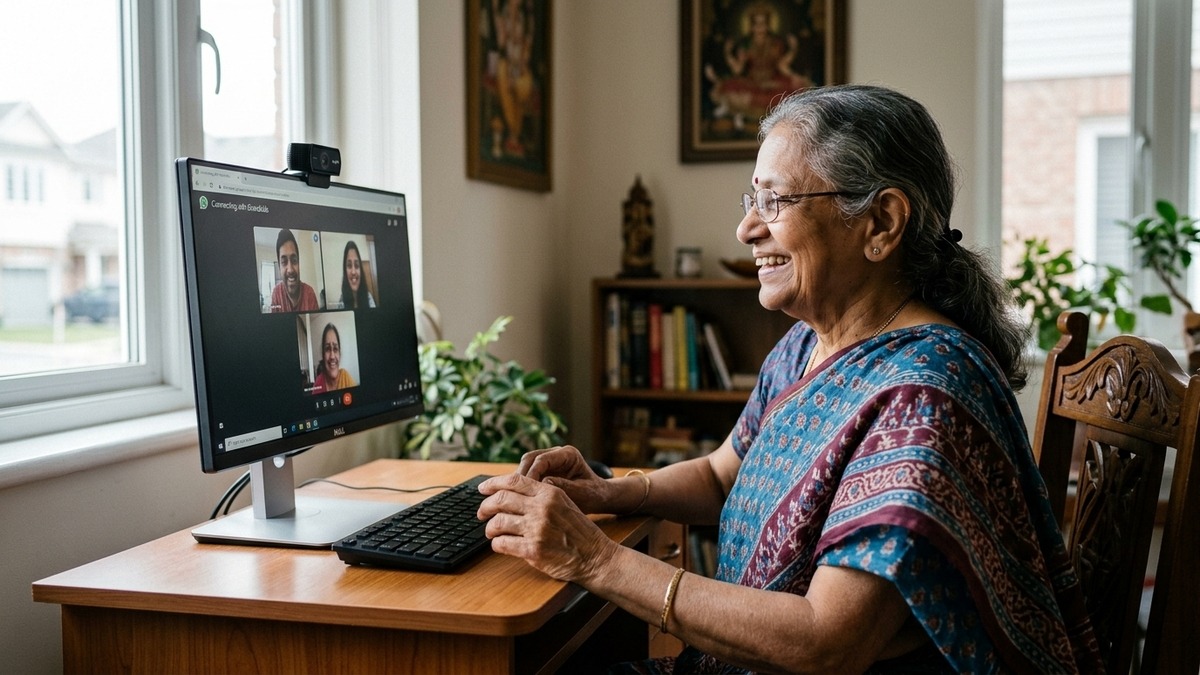 Elderly Indian person video calling family on computer for senior citizens computer learning