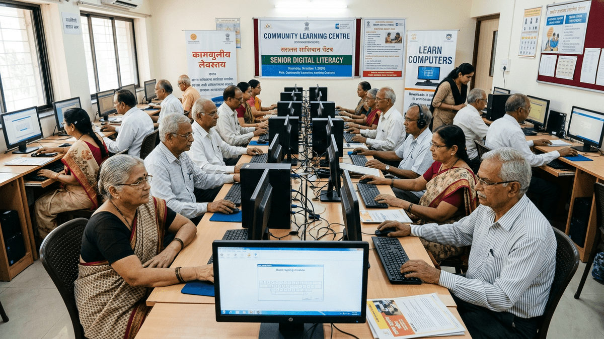 Group of Indian senior citizens learning at computers in community centre for senior citizens computer learning