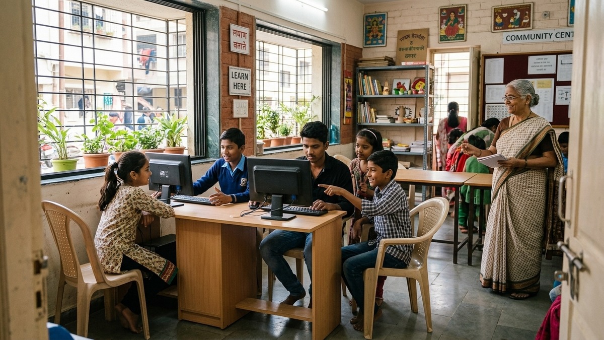 senior citizens learning pod community centre with students